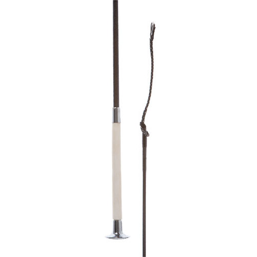 Rédea de equitação em couro castanho com pega branca e detalhes metálicos