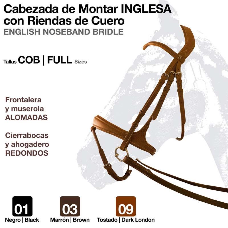 Cabeçada de montar inglesa com rédeas de couro em três cores disponíveis e texto descritivo.