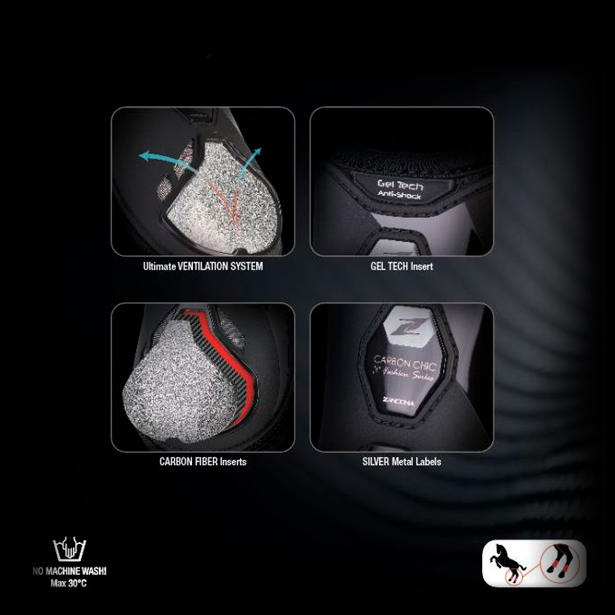 Detalhes técnicos de produto com inserções de fibra de carbono, sistema de ventilação, inserção Gel Tech e etiquetas metálicas prateadas