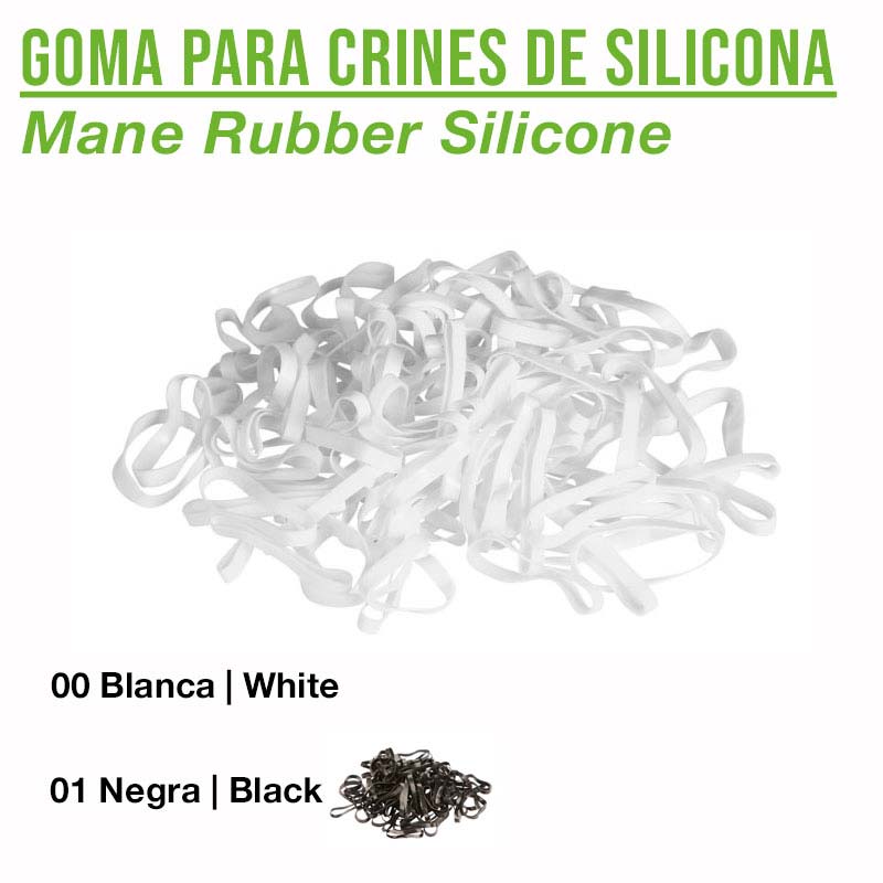 Elásticos para crina de silicone em branco e preto com texto descritivo em verde e preto.