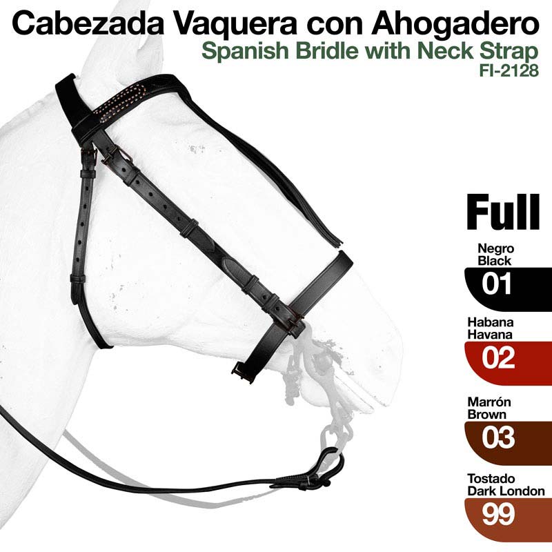 Cabeçada vaqueira em couro preto num cavalo branco com texto de descrição e opções de cores