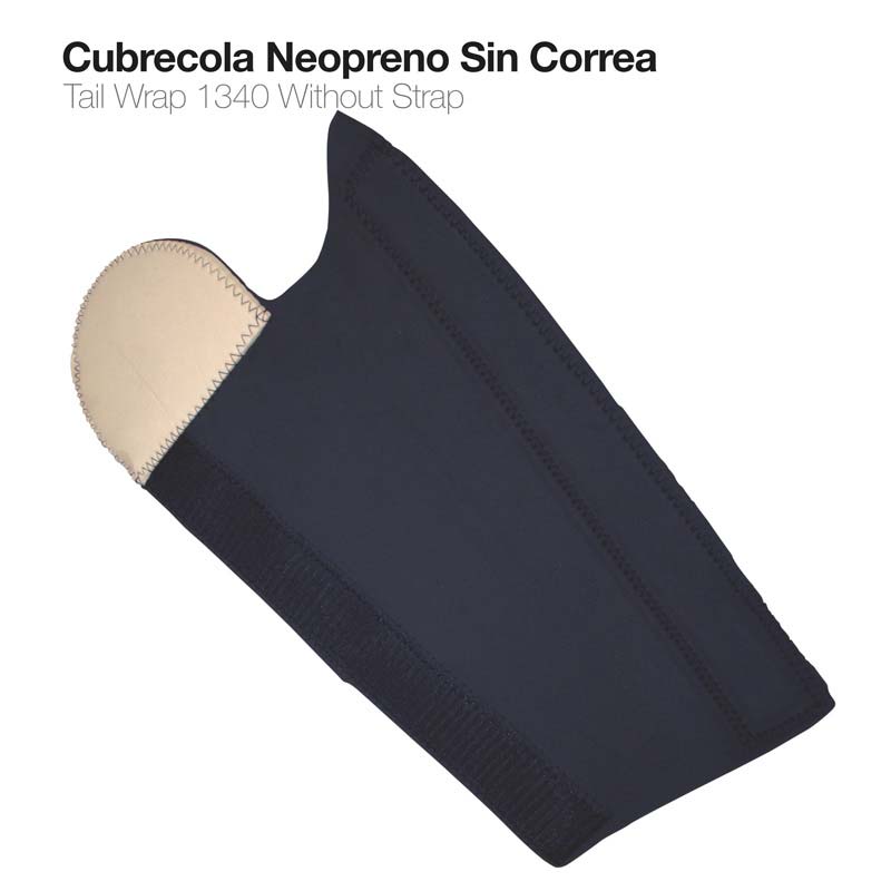 Cobrecola de neopreno preto e bege com texto explicativo em fundo branco