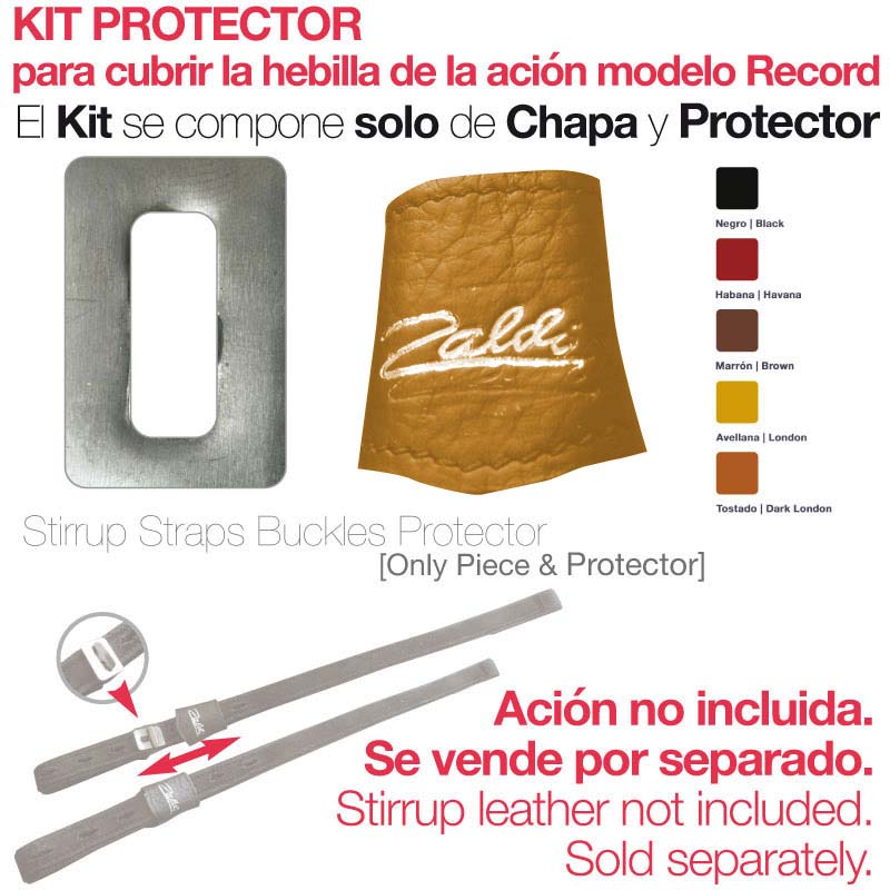 Kit protector para fivela de estribo com chapa metálica e protetor de couro em várias cores