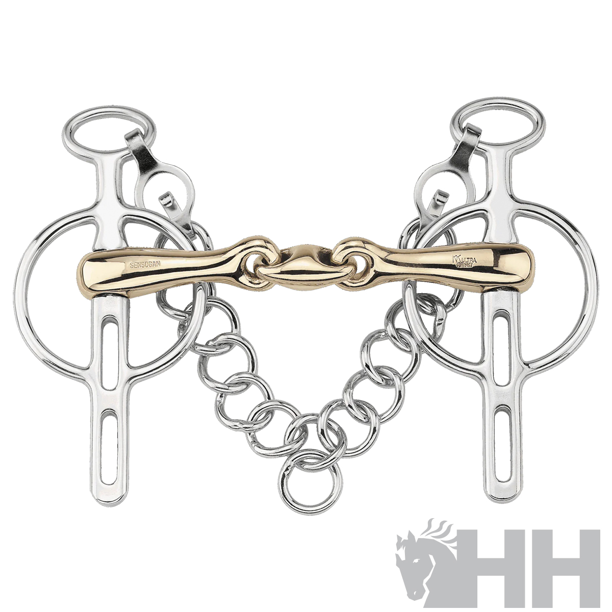 Freio metálico para cavalo com aço inoxidável e dourado e corrente