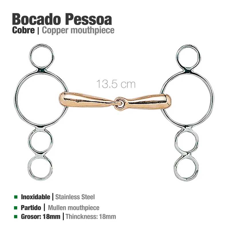 Bocado Pessoa em aço inoxidável e cobre com boca partida e anéis metálicos circulares