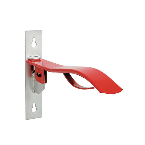 Suporte metálico para bicicleta com base prateada e braço vermelho curvado