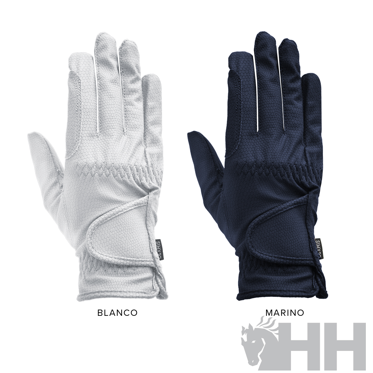 Duas luvas esportivas, uma branca e outra azul marinho, com etiqueta e logo HH