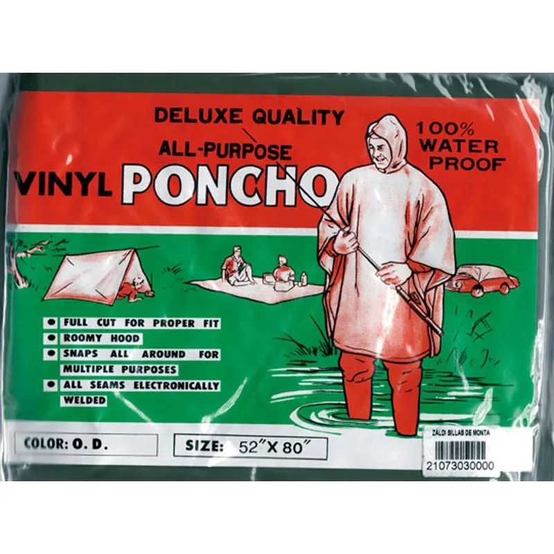 Pacote de poncho vinil verde-oliva com ilustração e texto em inglês