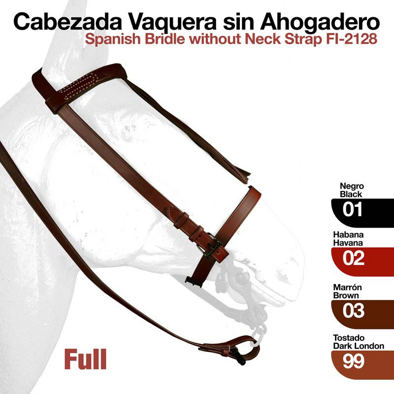 Cabresto espanhol sem tira de pescoço em várias cores mostrado num modelo branco de cabeça de cavalo