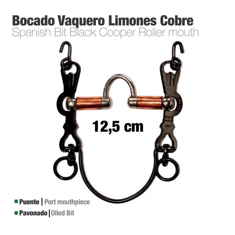 Freio para cavalo com bocal em metal prateado, cobre e braços pretos, com texto explicativo
