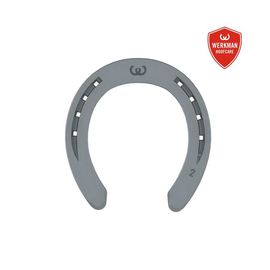 Ferradura cinzenta com símbolo e número 2, logótipo WERKMAN HOOFCARE vermelho no canto superior direito.