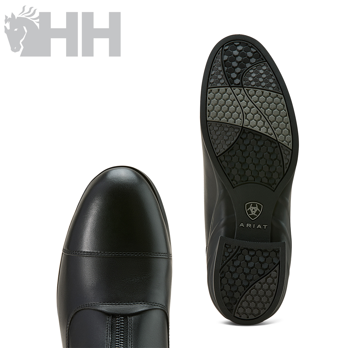 Botas pretas de couro com sola antiderrapante e fecho de correr