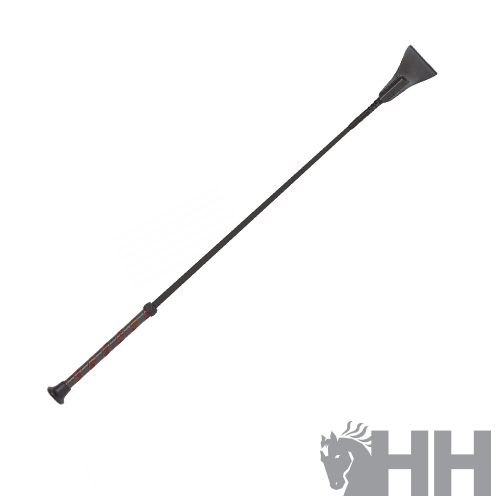Chibato para equitação preto com padrão castanho, cabo longo e punho texturizado