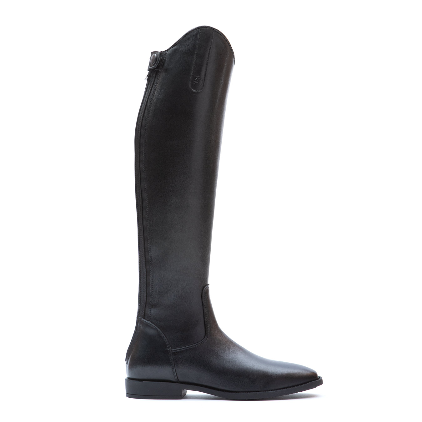 Bota alta preta de couro com sola preta e fecho lateral com fivela