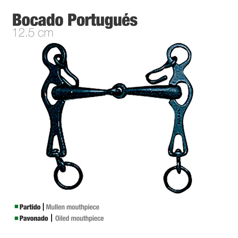 Bocado português metálico azul escuro de 12.5 cm com texto descritivo em fundo branco.