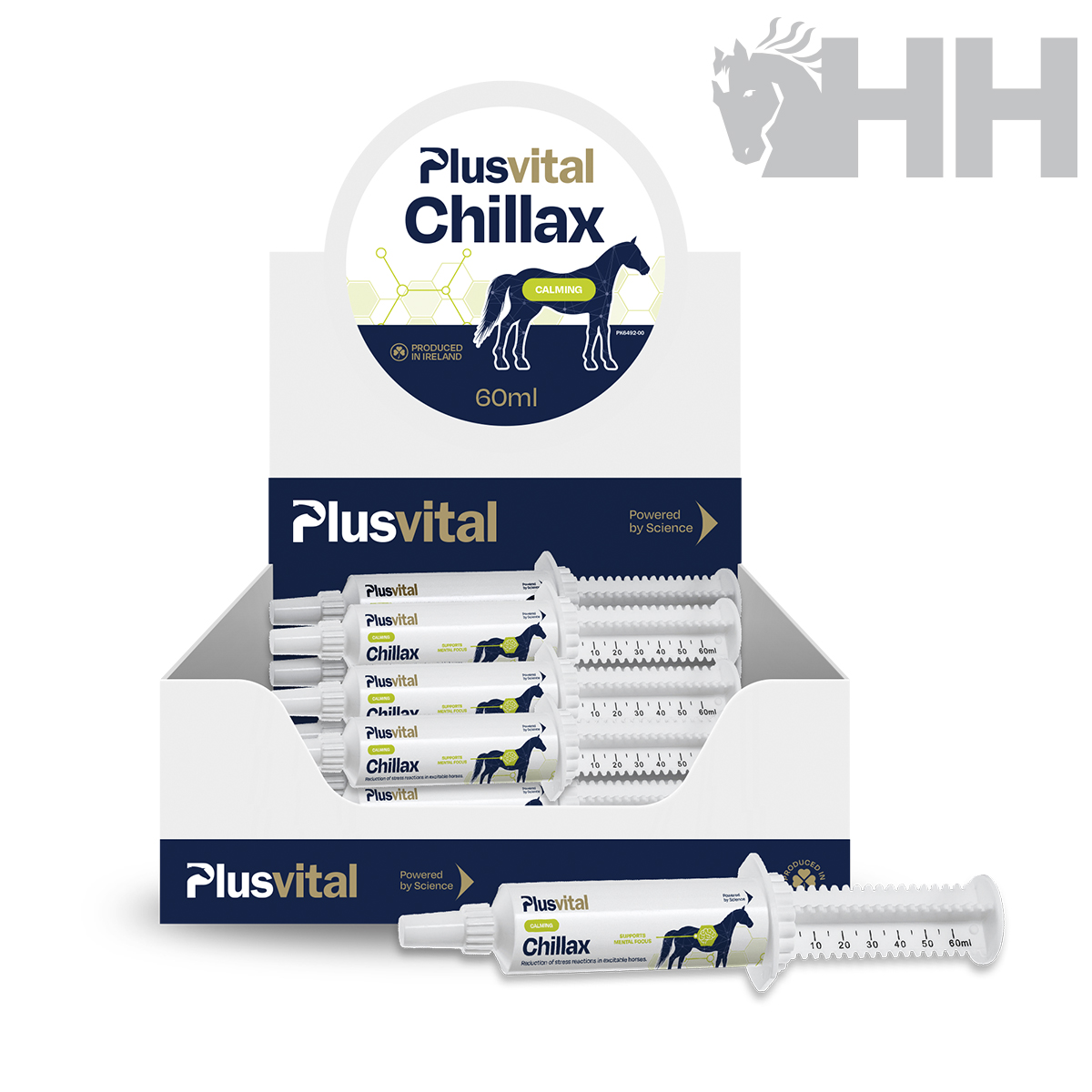 Expositor de seringas Plusvital Chillax 60ml para cavalos, produto calmante com textos e imagem de cavalo.