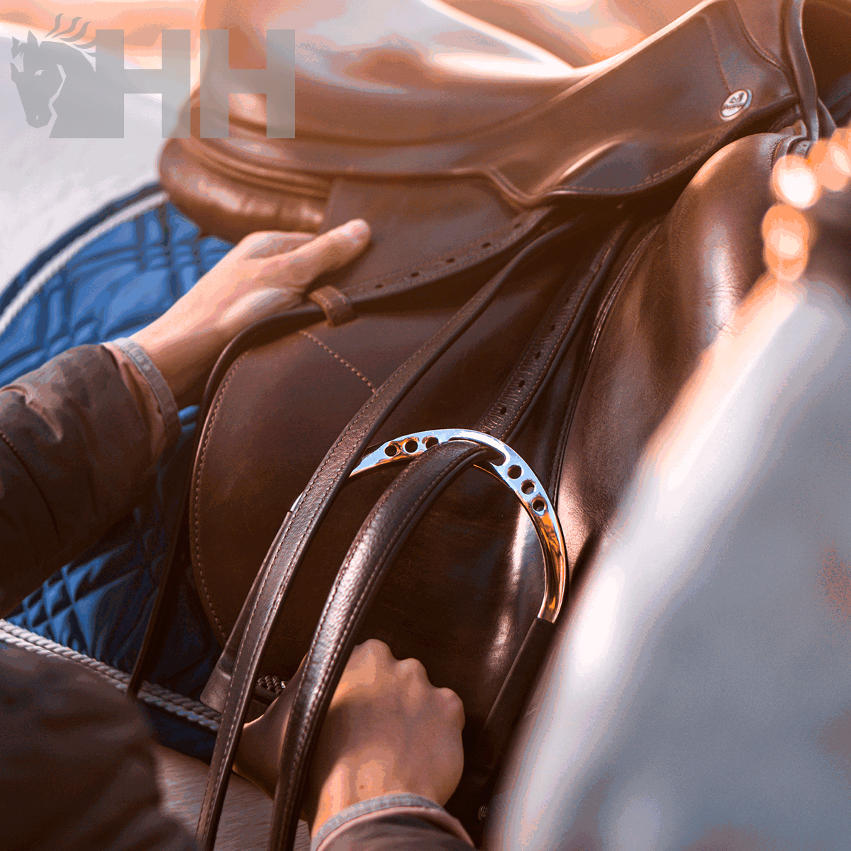Sela de montar castanha com detalhes metálicos e manta azul acolchoada
