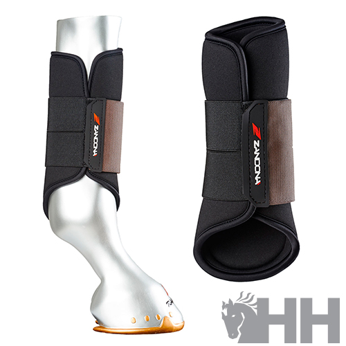 Protetores de pernas para cavalos preto com tiras castanhas e etiquetas Z MOONZ