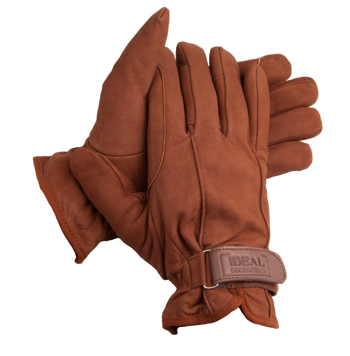 Par de luvas castanhas com tira ajustável em couro e inscrição IDEAL WORKSTUFF