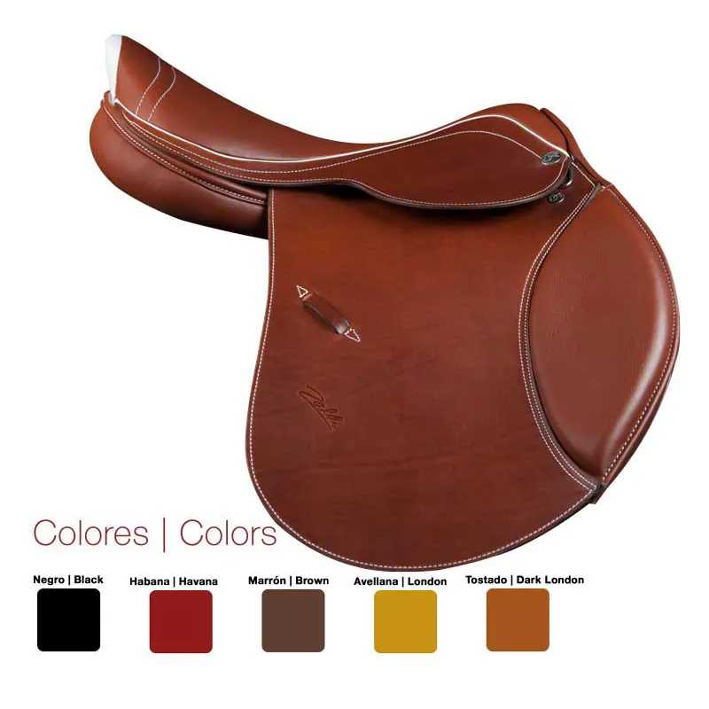 Selim de equitação castanho em couro com costuras brancas e amostras de cores