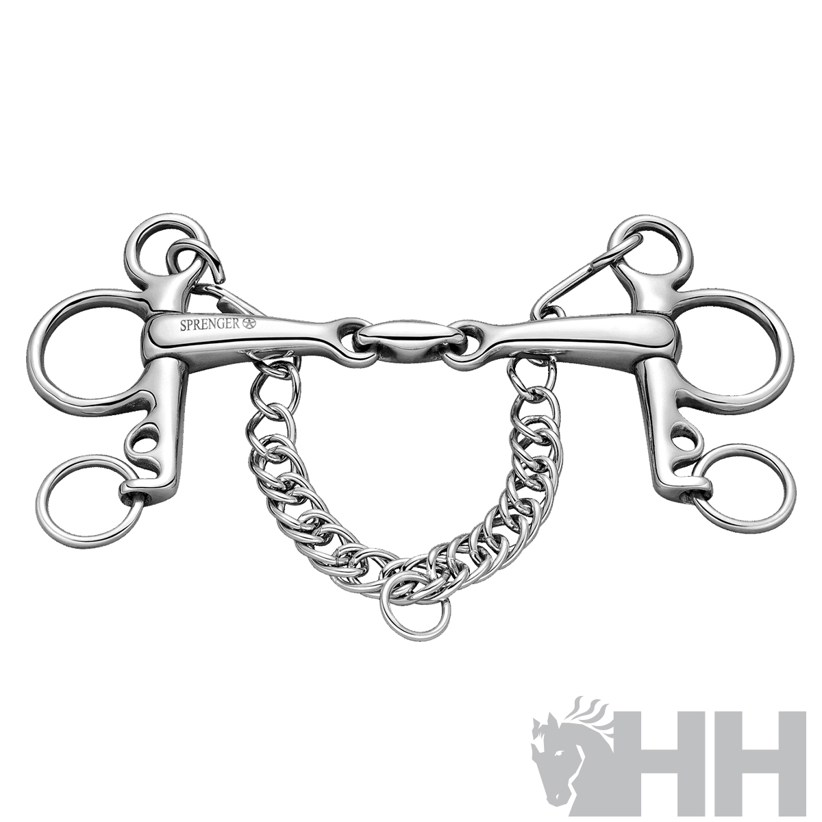 freio metálico prateado para cavalo com corrente e argolas