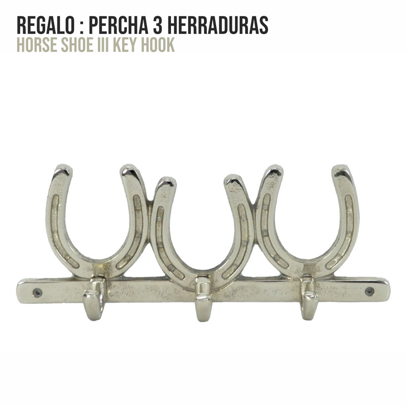 Cabideira metálica prateada com três ganchos em forma de ferraduras