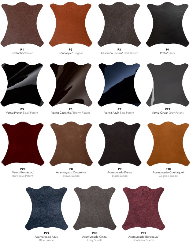 Amostras de couro e verniz em várias cores e texturas, com códigos e descrições.