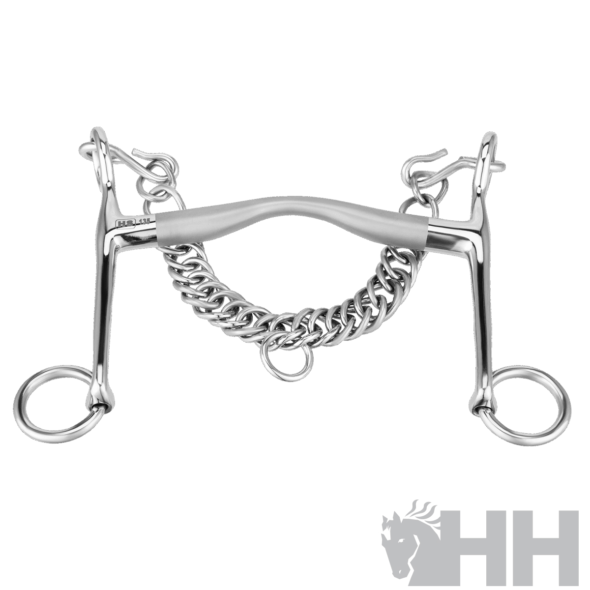 Equipamento equestre em metal prateado com corrente e argolas