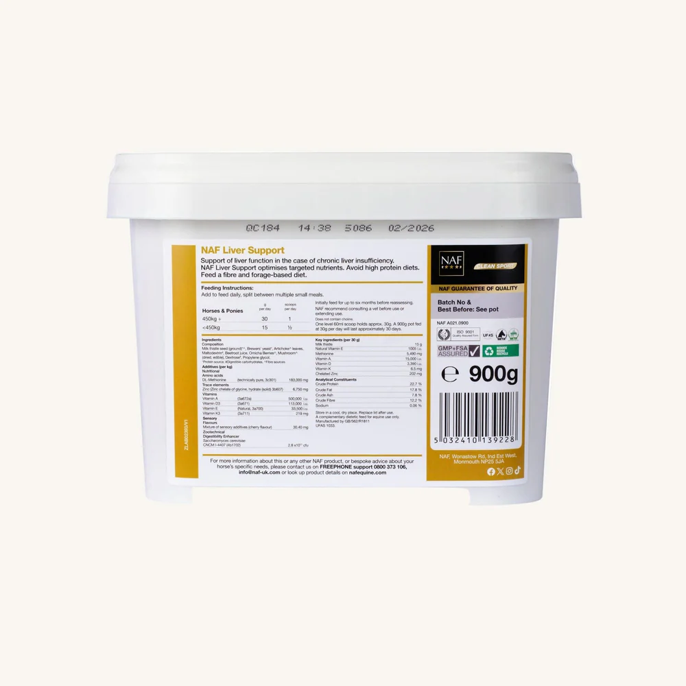 Recipiente branco NAF Liver Support com rótulo amarelo e branco e texto informativo.