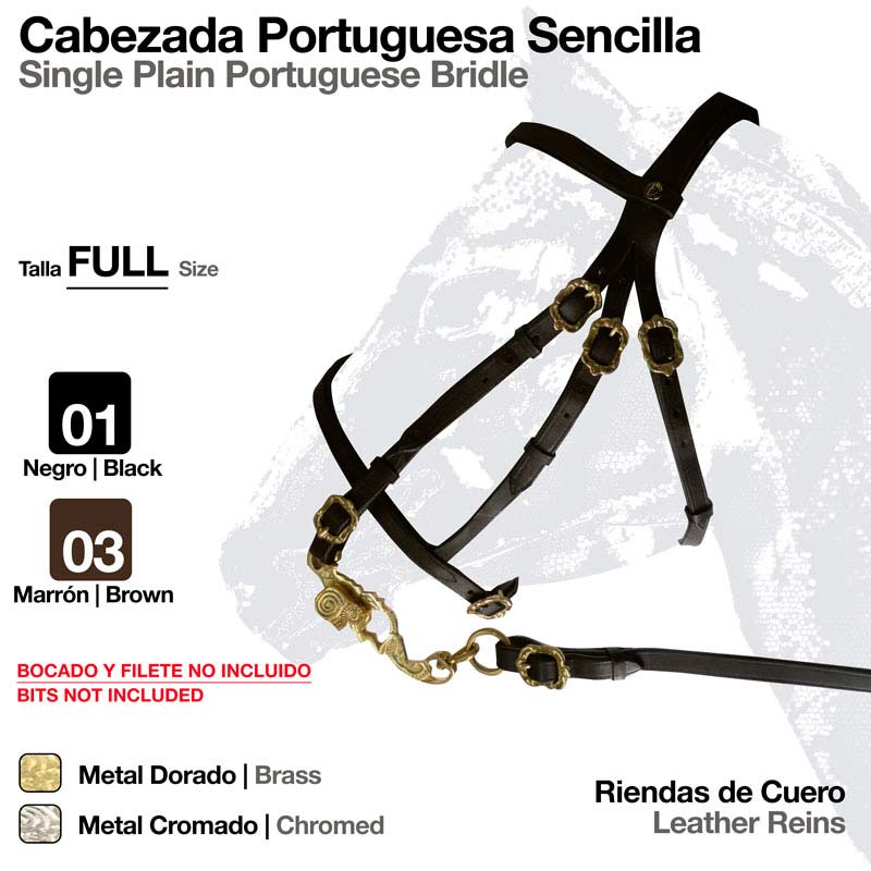 Cabeçada Portuguesa simples preta com fivelas douradas e couro, texto informativo em fundo claro