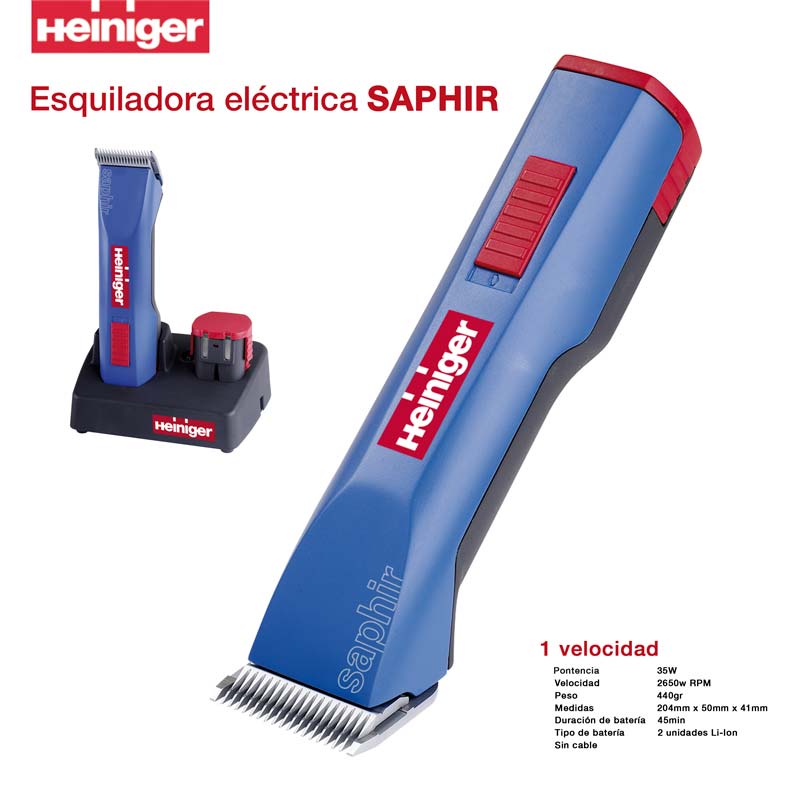 Esquilhadora elétrica Heiniger Saphir azul e vermelho com base de carregamento preta