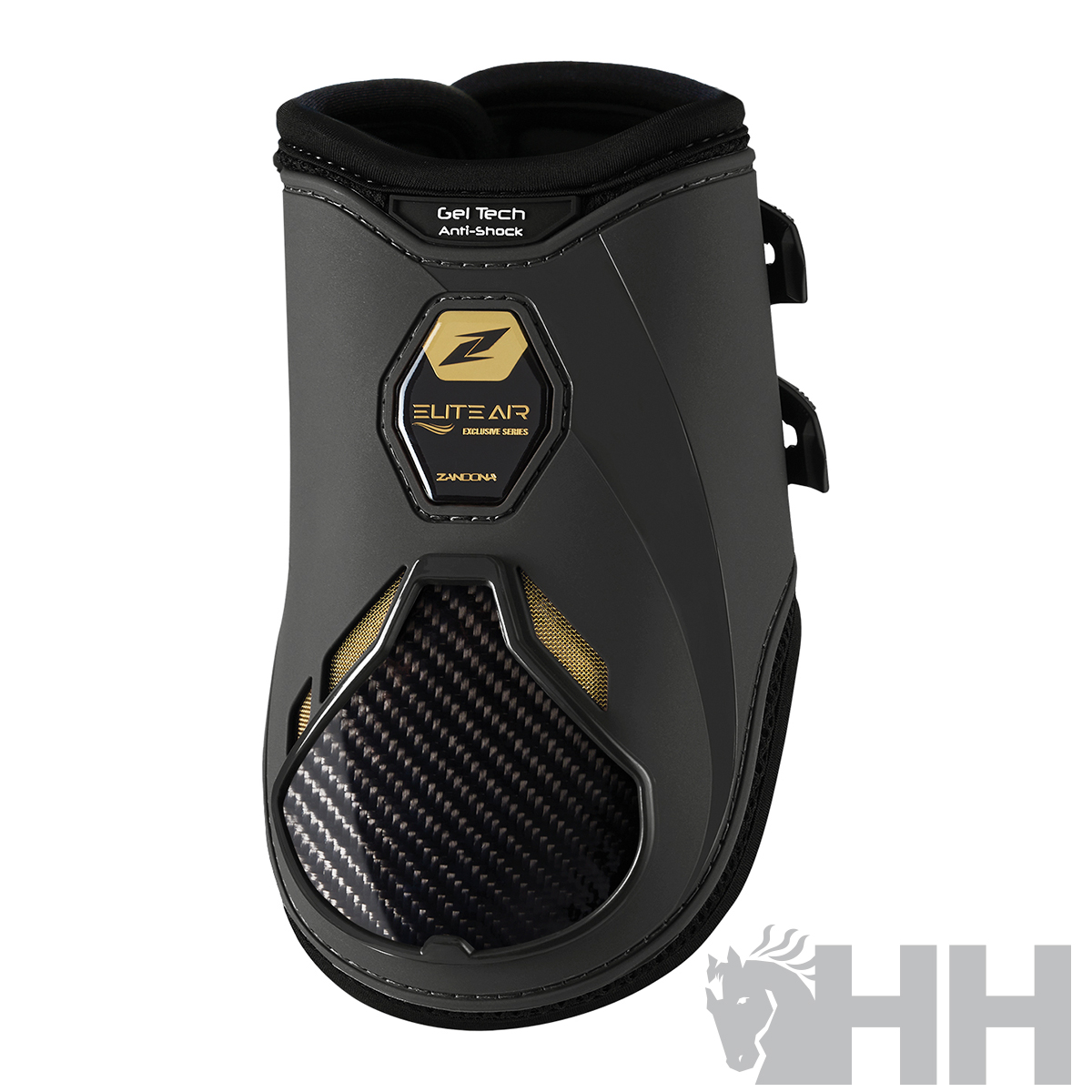 Perneira equestre Elitar cinza e preta com textura carbono e texto visível