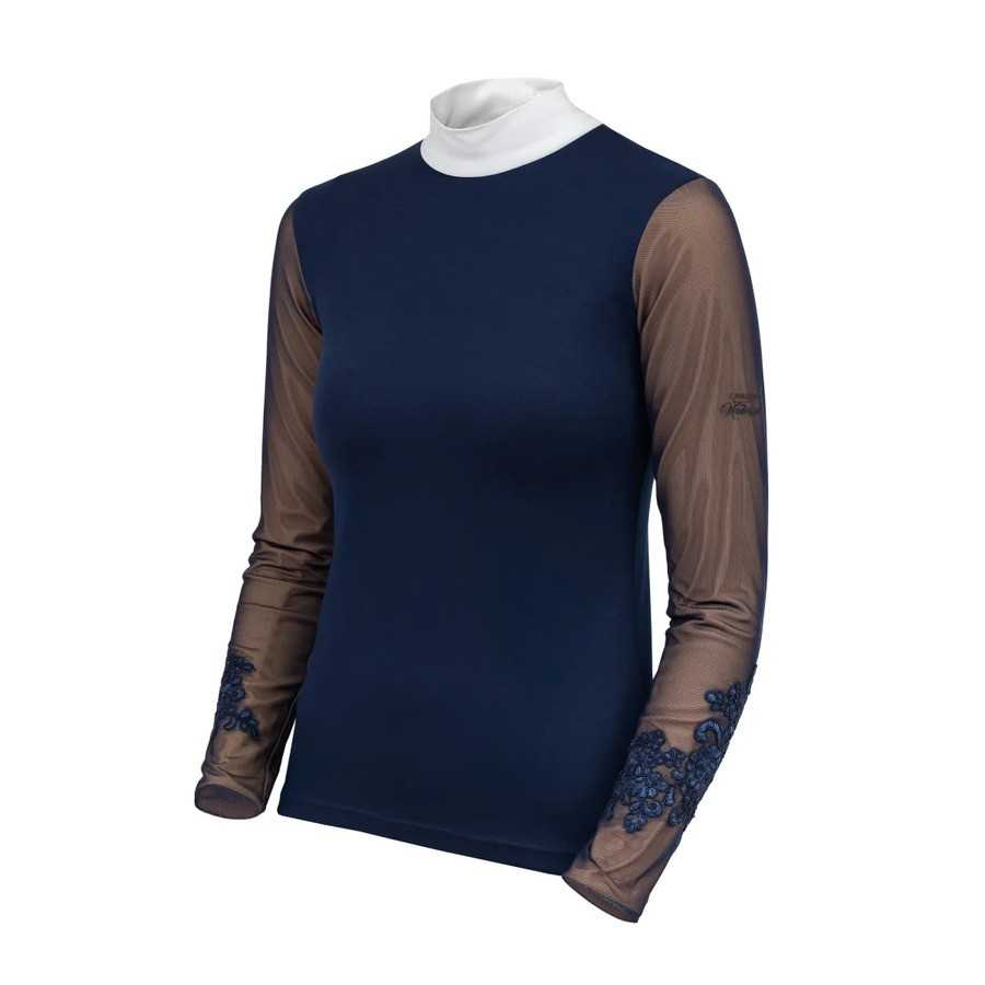 Camisola feminina azul com mangas em tule castanho e gola branca.
