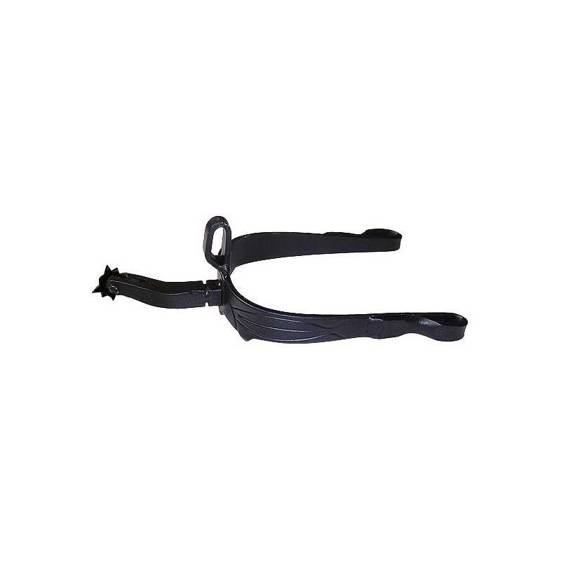 Espora de equitação preta com correia em fundo branco