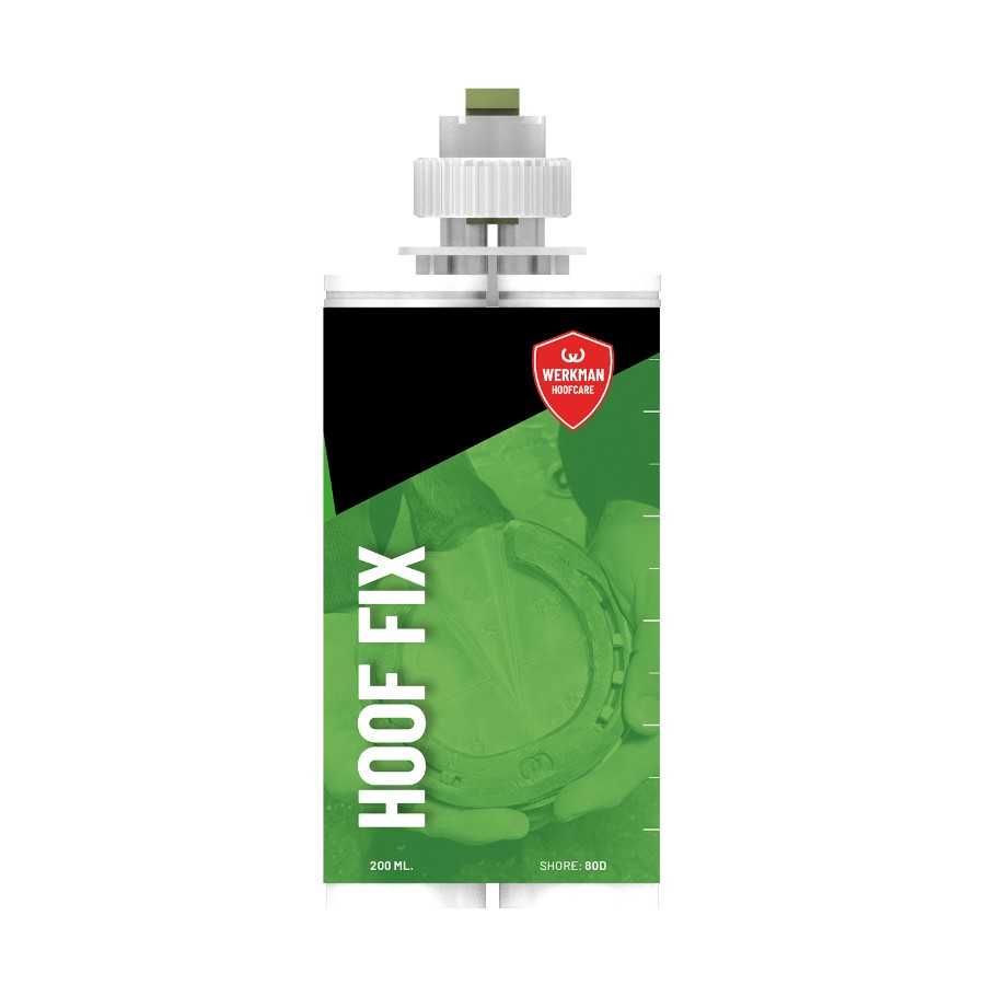 Embalagem plástica de produto para cuidados com cascos, cor branca com rótulo verde e preto
