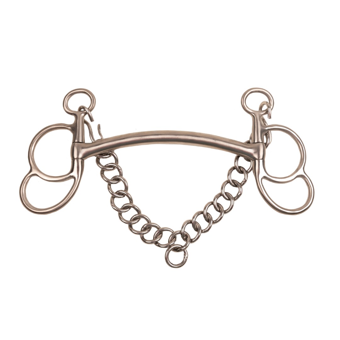Freio de cavalo metálico prateado com corrente central