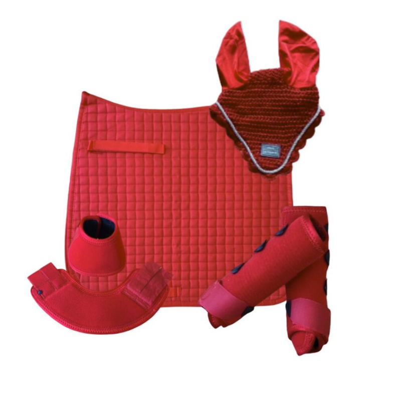 Conjunto de equipamento vermelho para cavalo com manta acolchoada, touca com orelhas e proteções para membros e cascos.