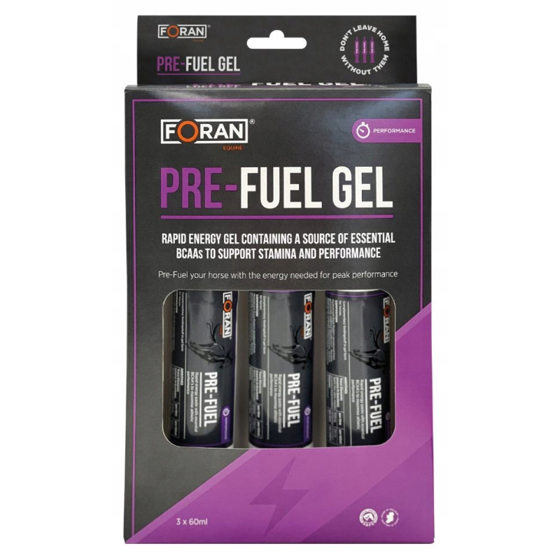 Pacote com 3 frascos de gel energético FORAN PRE-FUEL GEL preto e roxo