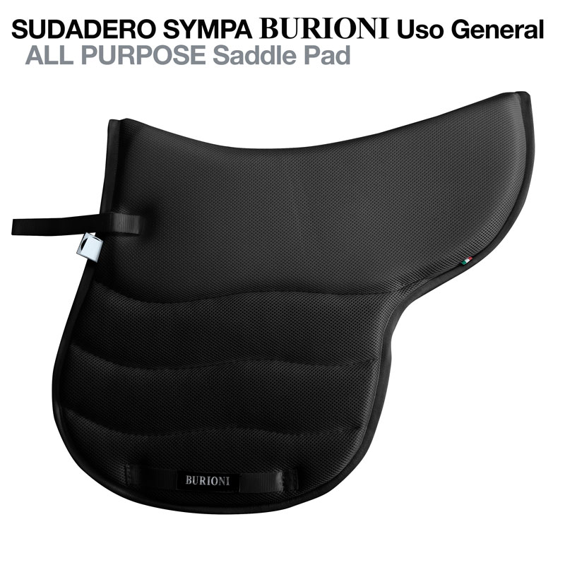 Alforjeira preta para sela com etiqueta BURIONI e texto descritivo acima