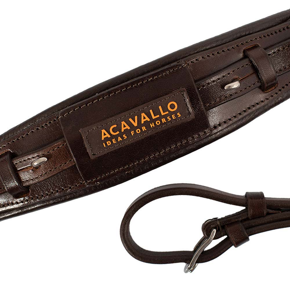 Correia de cavalo em pele castanha escura com etiqueta da marca ACAVALLO