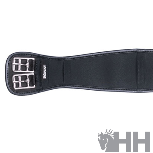 Cinta de montaria preta em couro sintético com fivela dupla em metal prateado