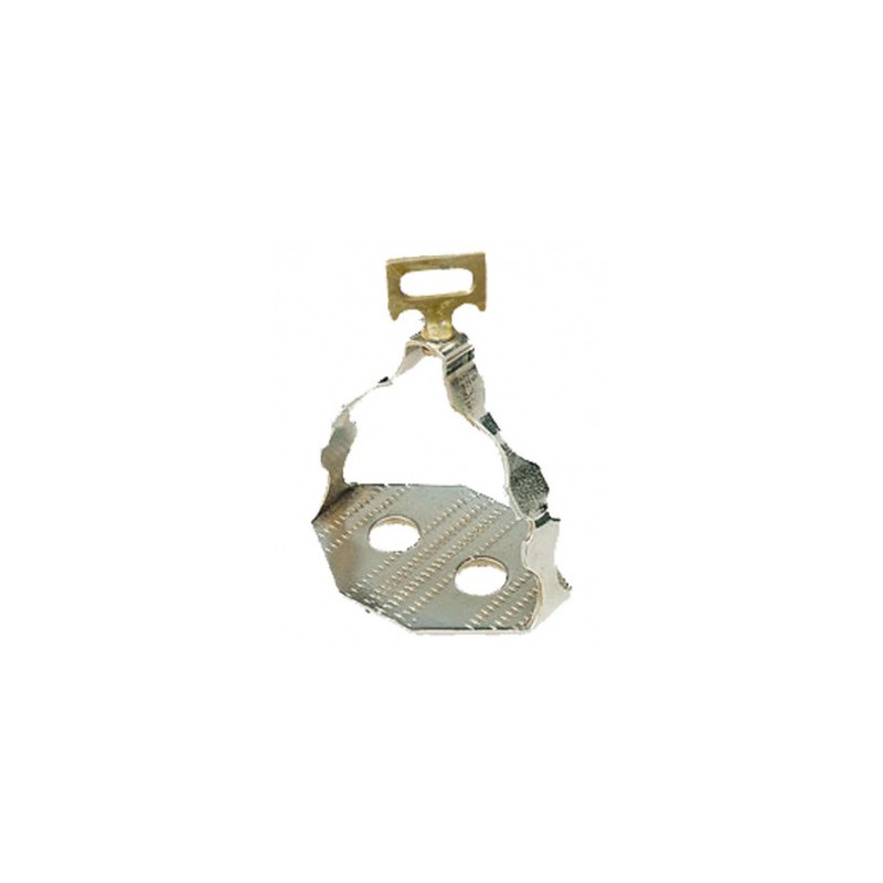 Prendedor metálico prateado com suporte dourado sobre fundo branco