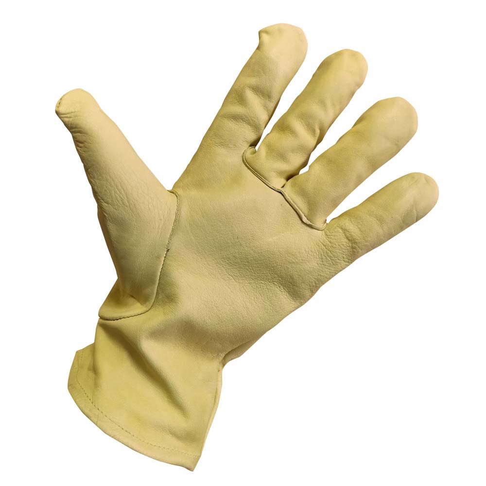 Luva de trabalho em couro amarelo claro com textura e costuras visíveis