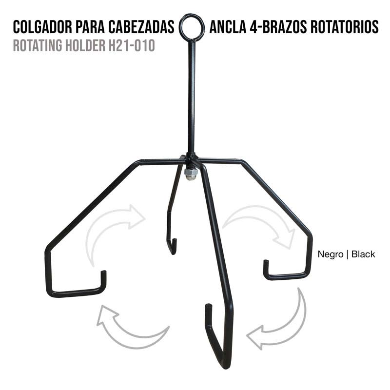 Suporte metálico preto rotativo com quatro braços para pendurar cabeçadas.