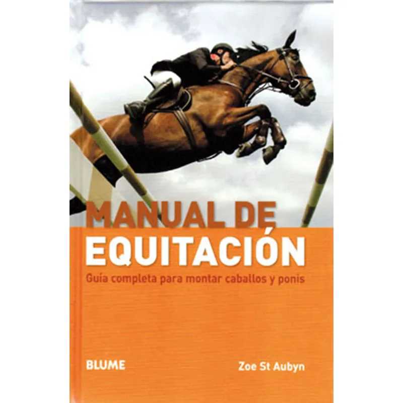 Capa de livro laranja com cavalo a saltar e texto Manual de Equitación