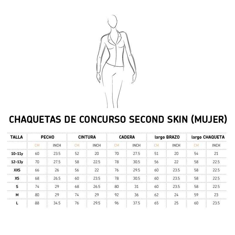 Tabela de medidas para chaquetas de concurso Second Skin para mulher