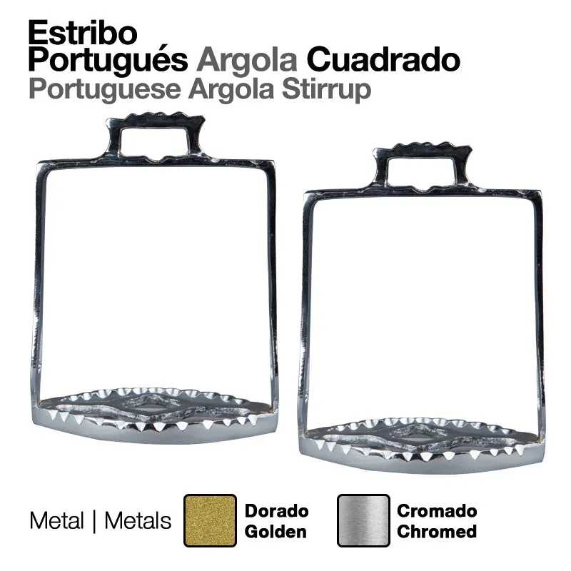 Dois estribos portugueses Argola Quadrado em metal, nas cores dourado e cromado com indicações de cores e tipo no topo