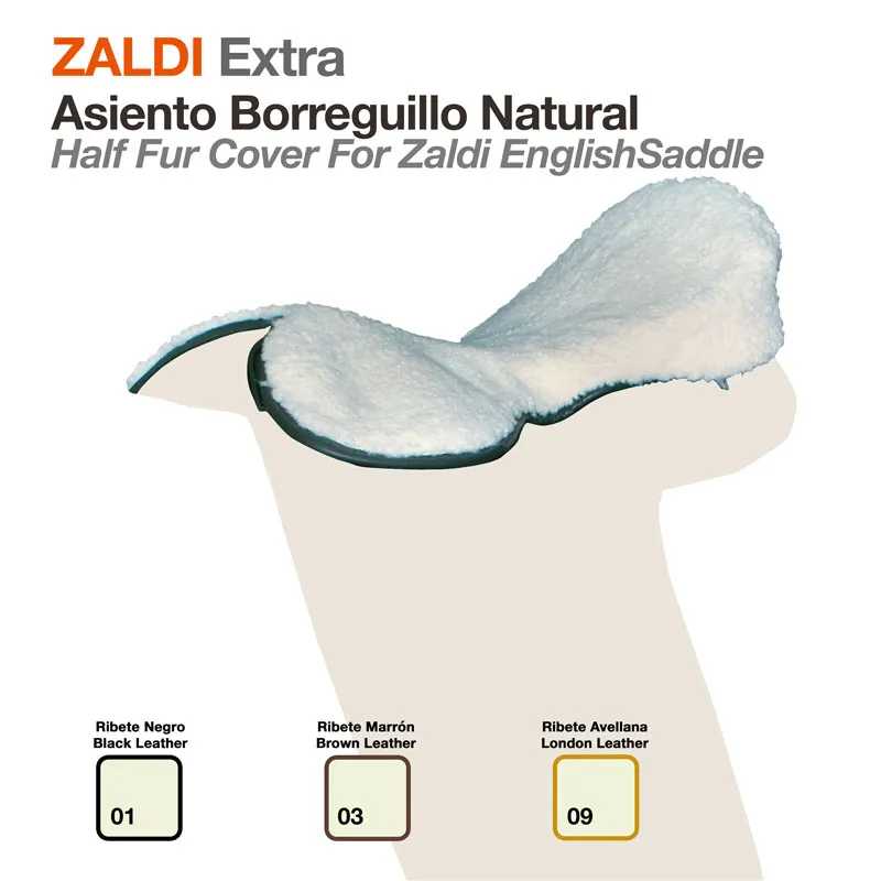 Capa de pelo natural branco para sela inglesa Zaldi com acabamentos em pele preta, castanha ou avelã.