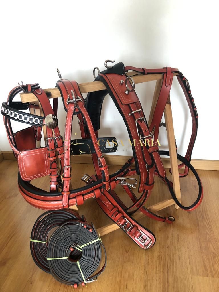 Acessórios de equitação em couro castanho-avermelhado com fivelas metálicas sobre suporte de madeira