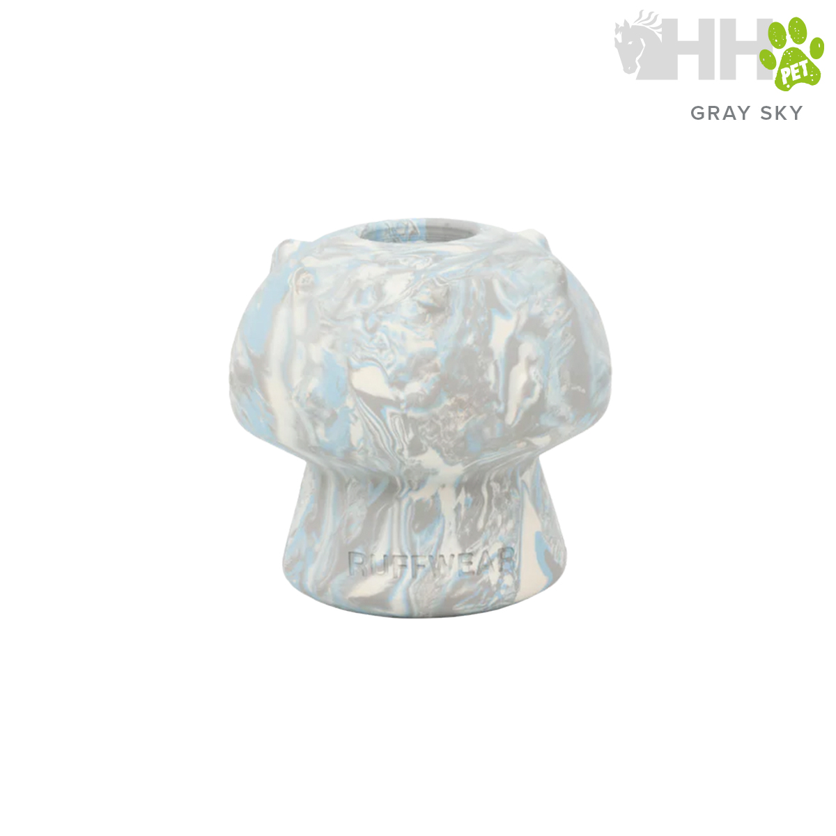 Produto marmoreado azul e cinza formato cogumelo com letras RUFFWEAR
